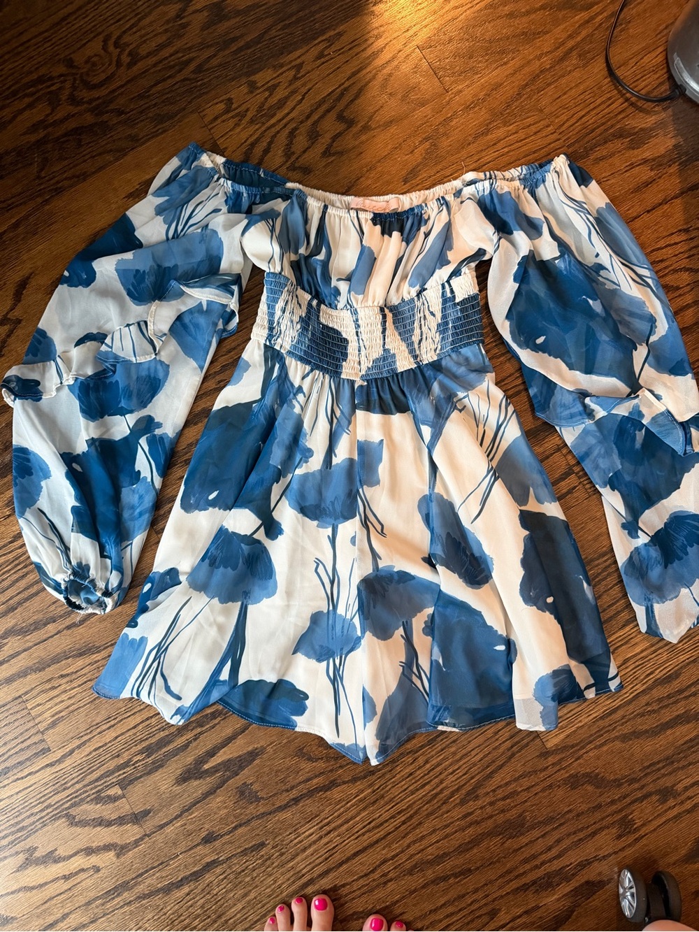 Hutch Blue and White Floral Off-Shoulder Romper